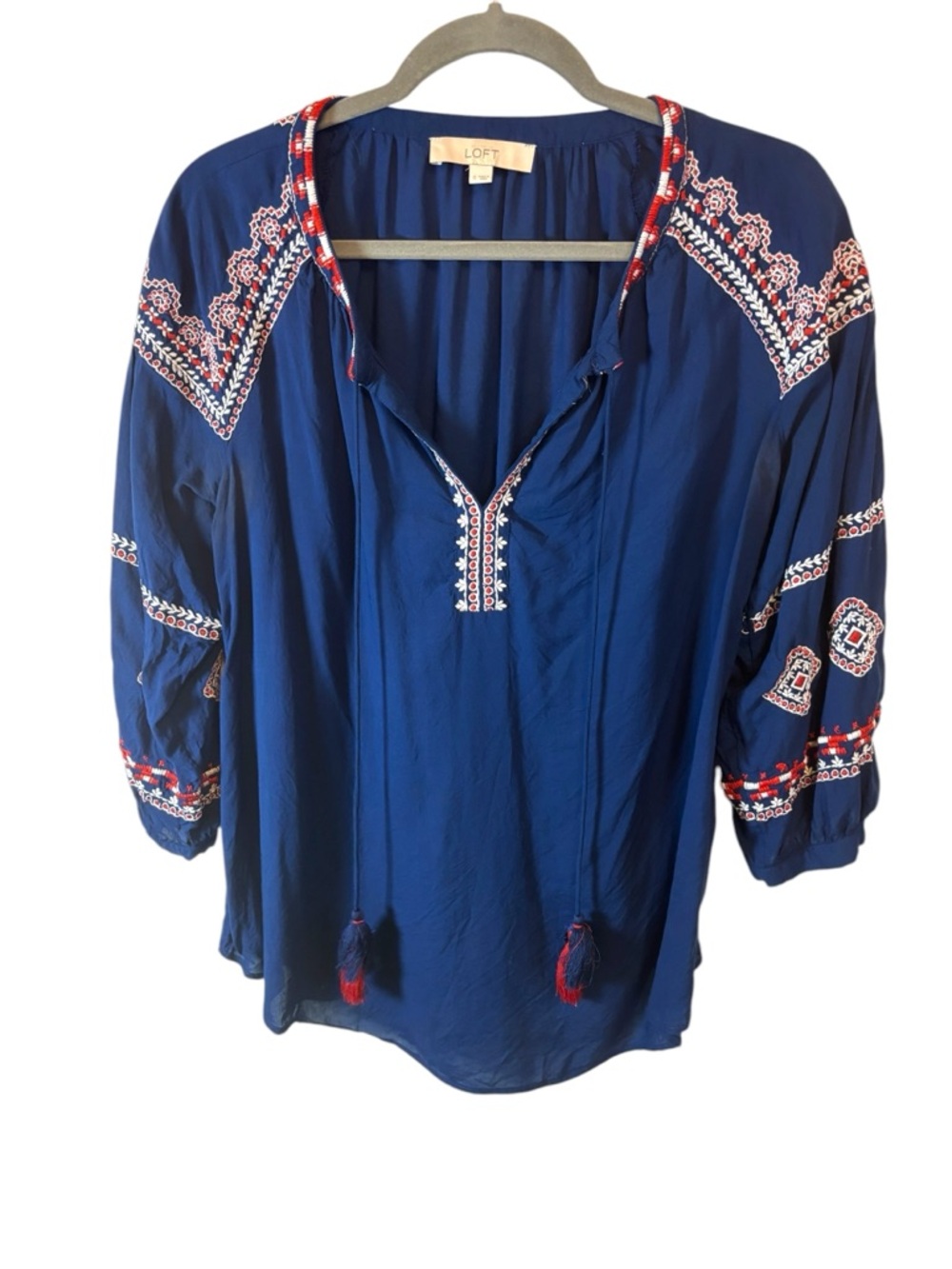 LOFT Navy Blue Red Embroidered tassels Peasant Blouse top Size Small